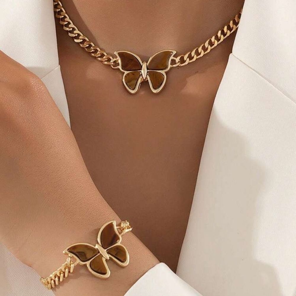 3for$20 1pc Vintage Stylish Butterfly Pendant Chunky Chain Necklace Bracelet Set